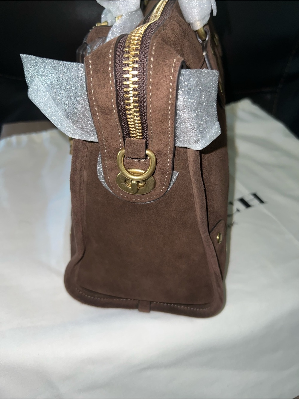 Coach Brown Rhyder 38 Suede Satchel with Gold Hardware - Picture 5 of 14